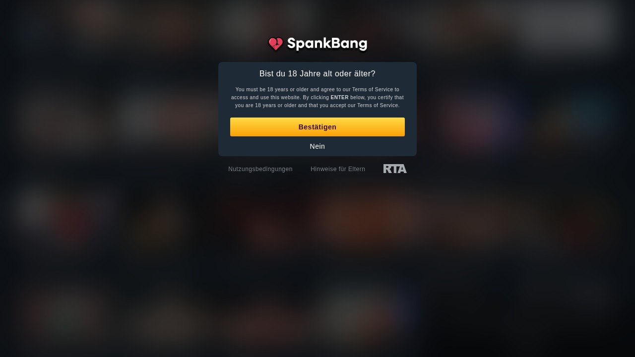 Die deutsche 18+-Schranke von de.spankbang.com: Frage Bist du 18 Jahre alt oder älter?, gelber Button Bestätigen und der Link Nein